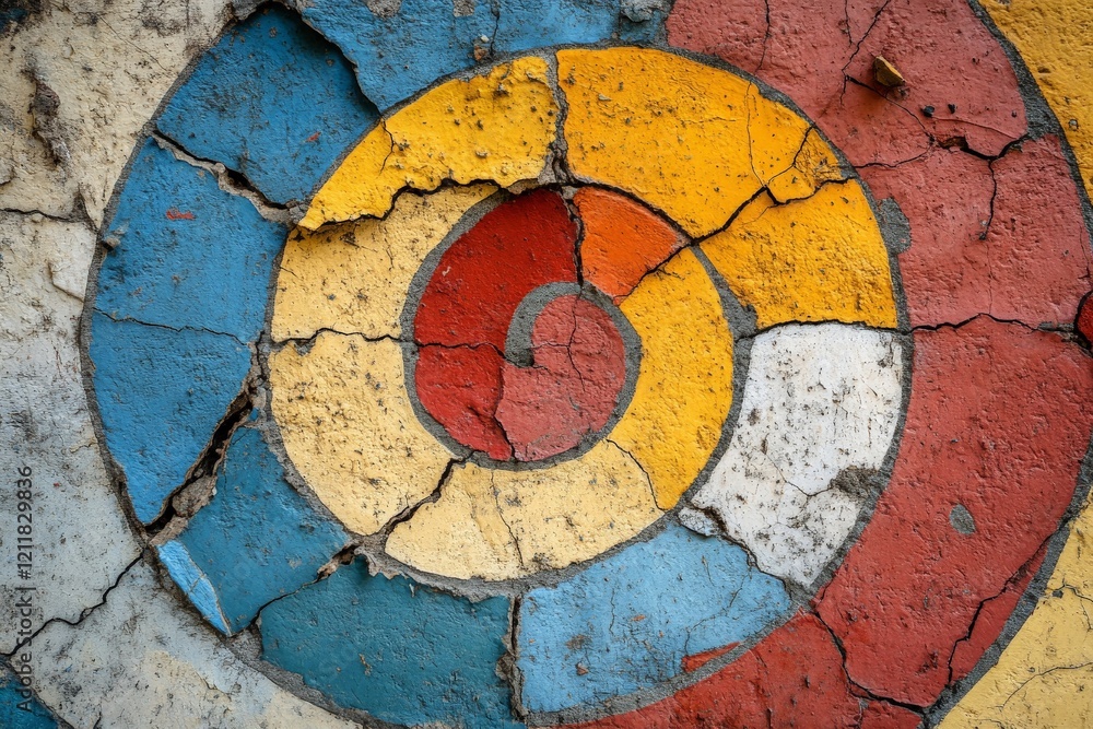 Aufkleber Colorful abstract spiral pattern on weathered surface displayed in vibrant hues at urban location during daylight