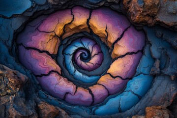 Fototapeta premium Colorful spiral pattern emerges from rocky surface in vibrant hues of orange, blue, and purple showcasing natural beauty of geological formations