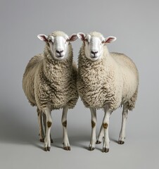 Fototapeta premium Photograph of sheep standing on the floor, looking at the camera, isolated against a grey background, photorealistic, high-resolution photography. 