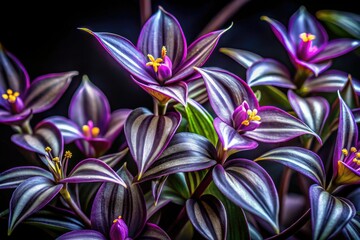 Night-blooming silver inch plant blossoms, captured in vibrant purple macro detail via long exposure low-light photography.