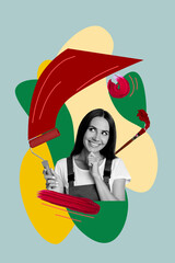 Composite image montage trend artwork 3D collage of professional draw young woman smile hand hold brash roll paint colorful housework diy
