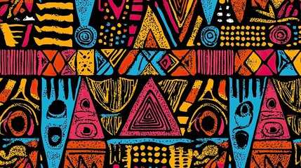 A playful African geometric pattern with bold shapes and colors, suitable for children's clothing and accessories