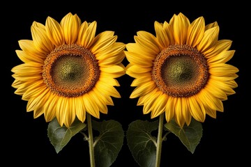 Obraz premium Sunflowers featuring vibrant yellow petals with intricate centers growing side by side against a dark background