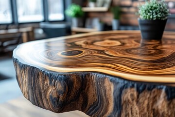 Obraz premium Unique wood table with natural patterns showcased in a modern cafe