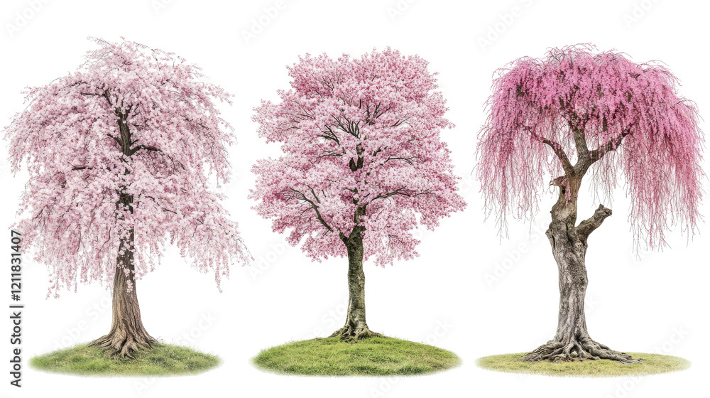 Poster collection of cherry trees in full bloom generative ai