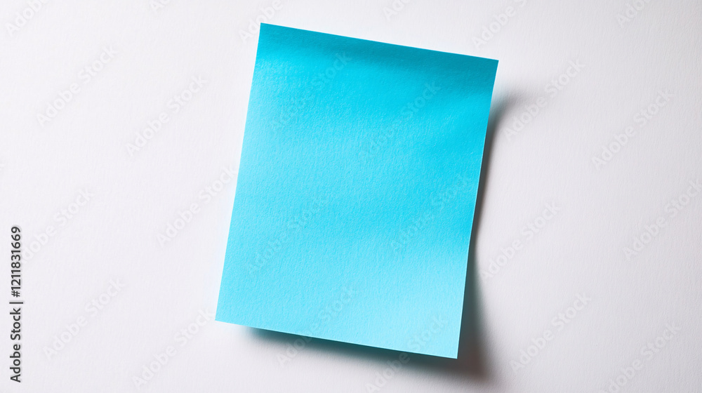 Poster bright blue sticky note resting slightly tilted on a plain white surface creating a clean and simple