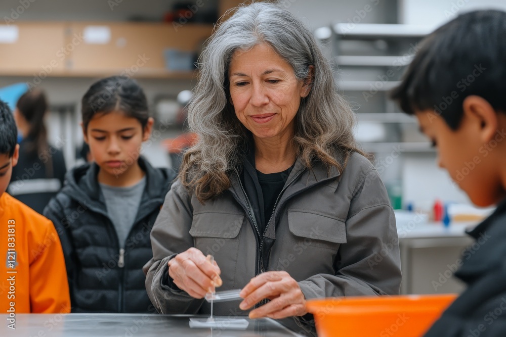 Poster Engaging science lesson with children exploring experiments in a classroom setting