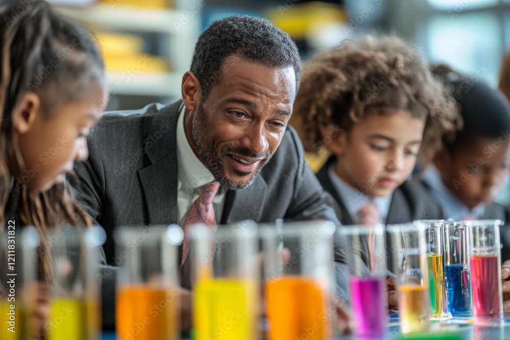 Poster Engaging science lesson with diverse students conducting colorful experiments in a modern classroom