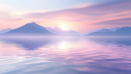 Serene Sunset Over Calm Water and Misty Mountains