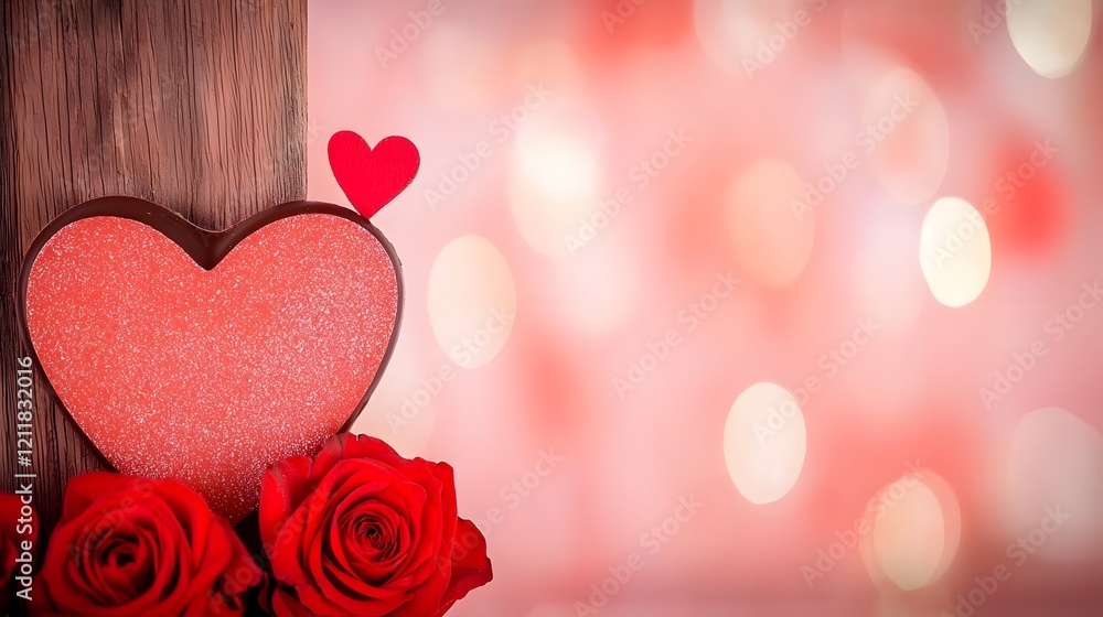 Poster romantic composition featuring heart shaped chocolate and a bouquet of red roses highlighted by soft