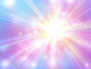 Abstract light rays background with a white, glowing sun flare and holographic glow effect, shining on a pastel blue, pink, and purple color background.