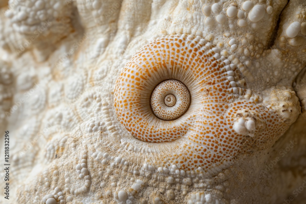 Poster unique close-up of a beautifully patterned seashell on a textured surface showcasing nature's artist