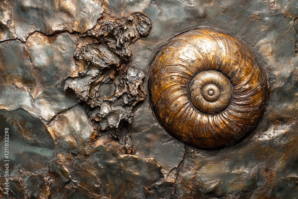 Poster Fossilized ammonite embedded in rocky surface displays intricate patterns and textures