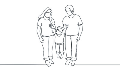 Happy Family Walking Together One Line Vector Illustration. Continuous Single Line Drawing of Parents Holds Child. Happy Family Hand Drawn Contour Silhouette Outline Style.