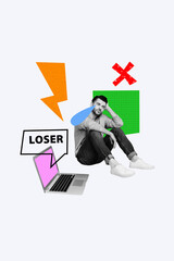 Composite trend artwork sketch image photo collage of copyspace bolt cross young guy stress cry...