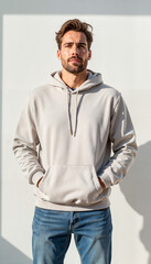 Fototapeta premium Man in men's hoodie mockup standing confidently against a white wall
