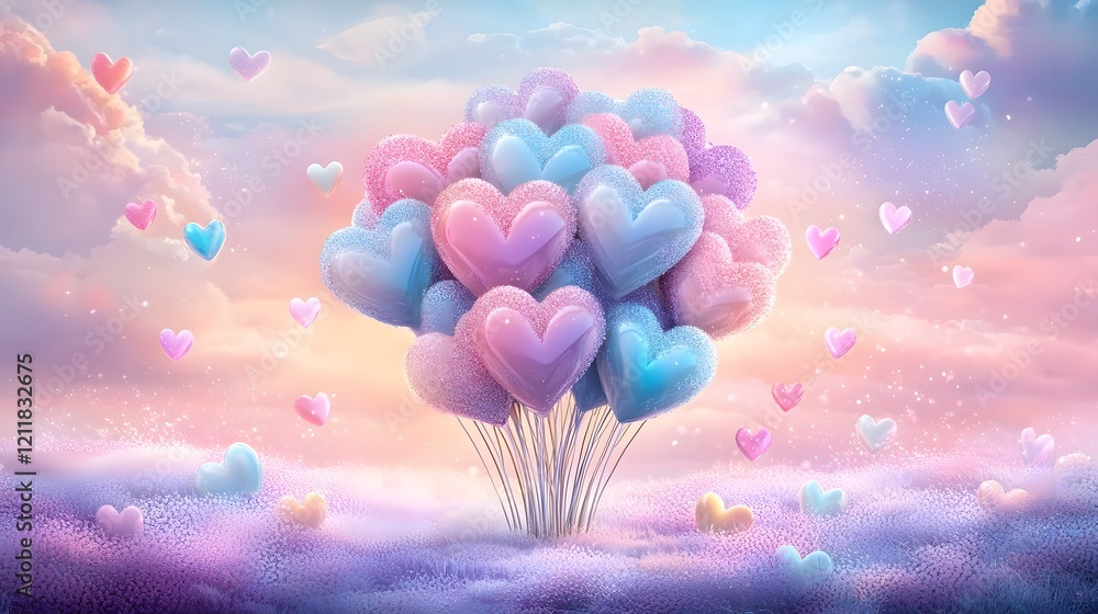 Aufkleber Floating heart shaped lights in a dazzling array of pastel colors surrounded by a warm glowing effect against a smooth gradient backdrop of a serene cloud filled sky