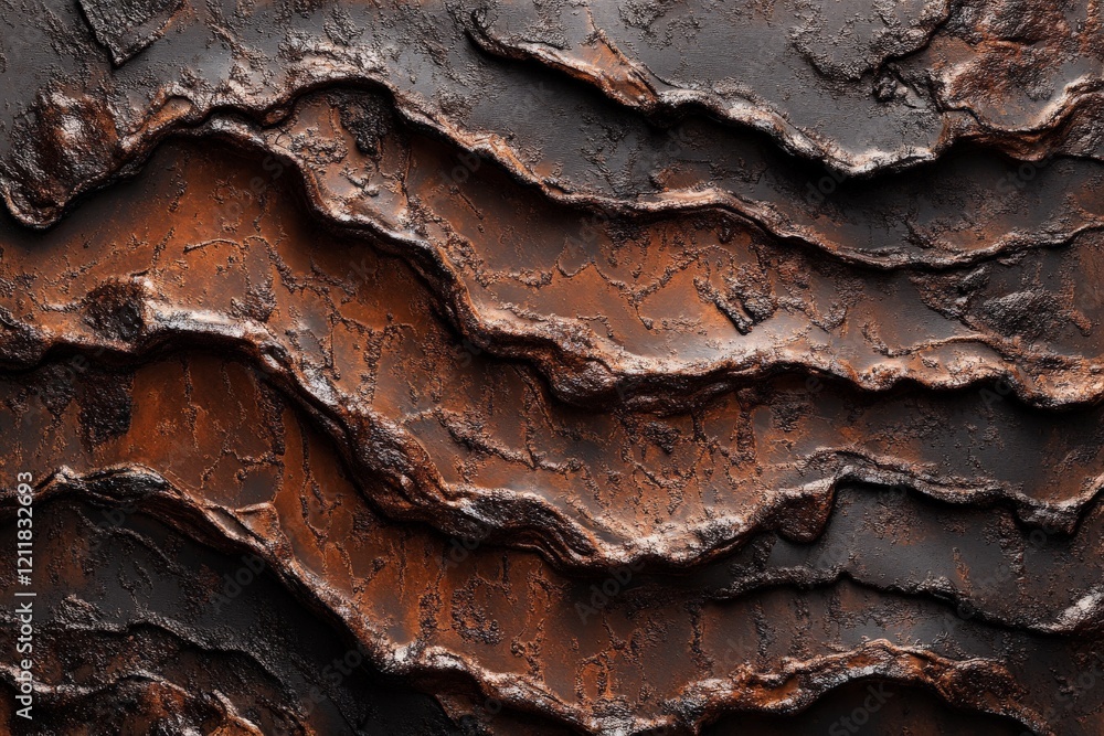 Poster textured surface with dynamic patterns in rich brown and black tones resembling natural landscapes