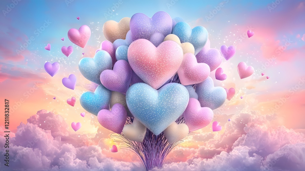 Poster Beautifully arranged cluster of colorful LED heart lights creating a glowing and romantic visual display on a soft dark background  The image evokes a cozy