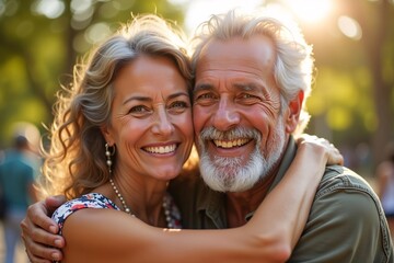 Portrait of a Happy Senior Hispanic Couple Hugging at a Park, Their Love Palpable, Reflecting a Latin American Immigrant's Fulfilling Retirement, Heartwarming Moments Generative A
