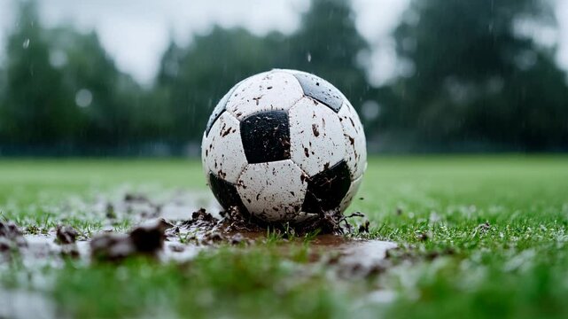 Ballon de football dans la boue sur un terrain sous la pluie.
