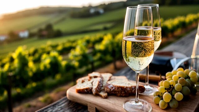 2 coupes de champagne pos&eacute;es sur sur une table face un vignoble au coucher de soleil.