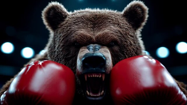 Ours en col&egrave;re avec des gants de boxe face cam&eacute;ra.