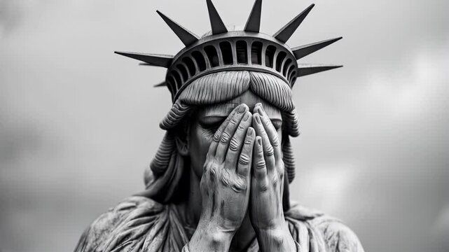 Statue des Etats-Unis qui se tient le visage d&eacute;sesp&eacute;r&eacute;e.