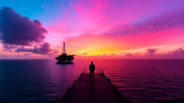 Plateforme p&eacute;troli&egrave;re au coucher de soleil avec la silhouette d'un personnage qui observe.