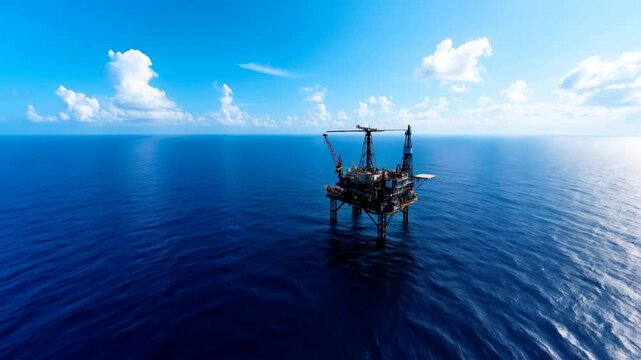 Plateforme p&eacute;troli&egrave;re au milieu de la mer lors d'une belle journ&eacute;e avec un ciel bleu.