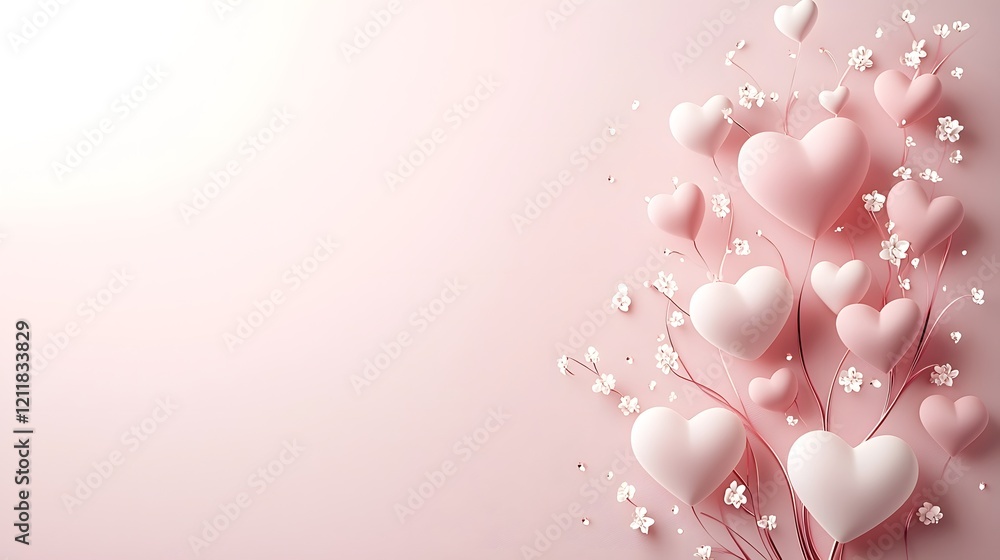 Poster A whimsical tree filled with heart shaped leaves in romantic shades of pink and white placed against a subtle gradient background with ample copy space for text overlay or design elements