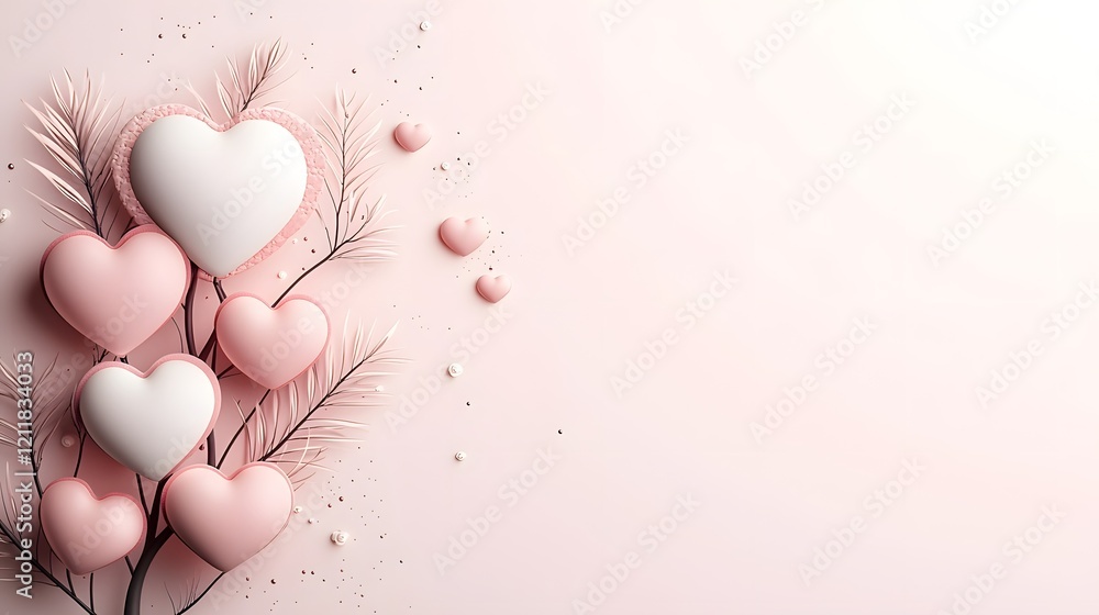 Poster whimsical tree filled with heart shaped leaves in romantic shades of pink and white placed against a
