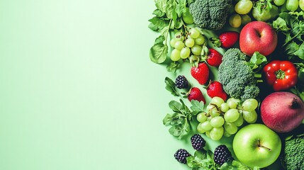 Fresh and vibrant mix of fruits and vegetables on light green background with space for text