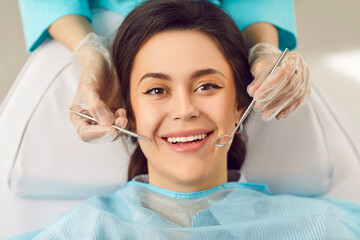 Happy patient showing perfect white toothy smile after whitening, dental treatment procedure result, stomatology oralcare, dentist doctor working in med clinic dental health, scheduled cleanings