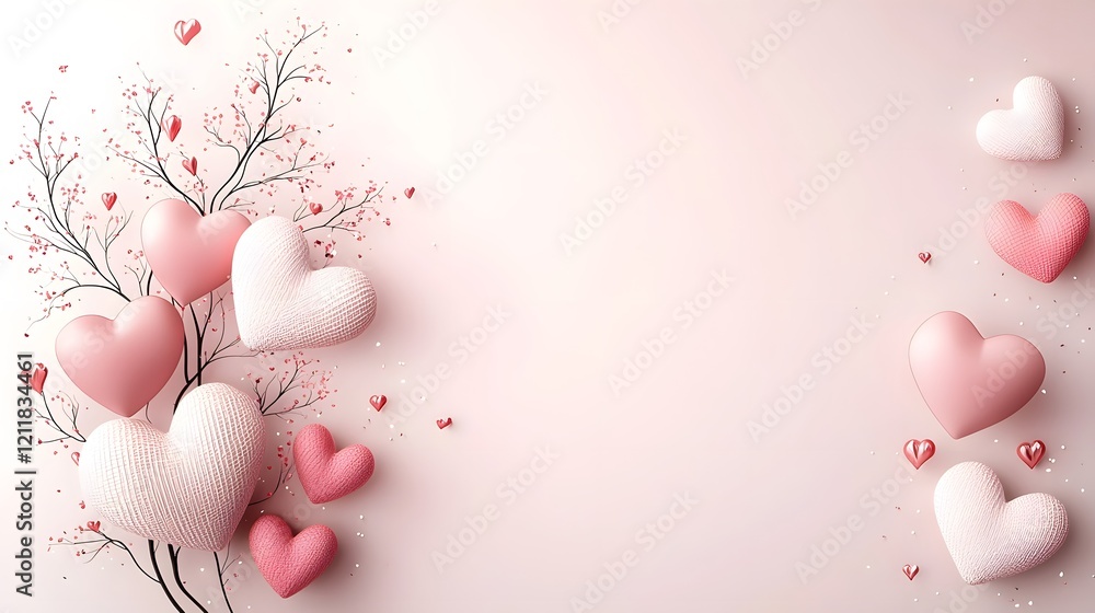 Poster ethereal tree of hearts with delicate branches filled with vibrant red and pink leaves set on a soft