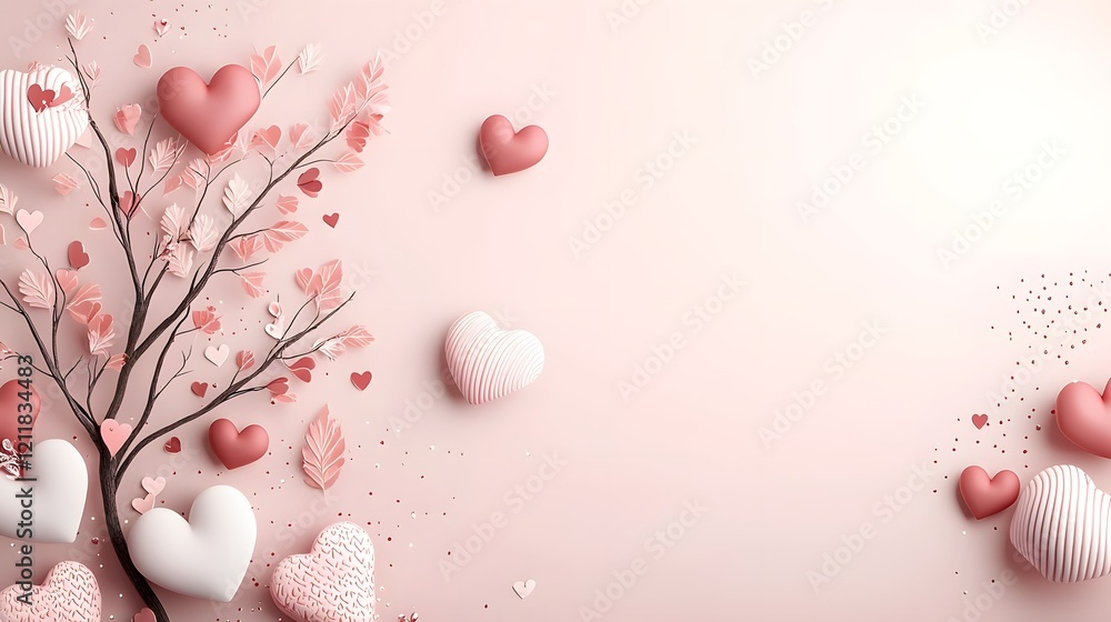 Poster enchanting tree of hearts with delicate branches filled with vibrant red and pink leaves set on a so