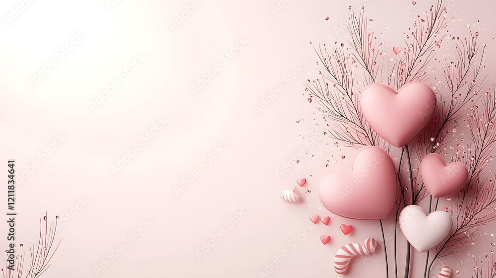 Poster Stunning heart shaped tree with vibrant red and pink heart shaped leaves glowing against a serene gradient background providing ample copy space for design or text overlay