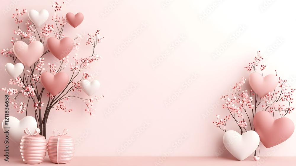 Poster tree of hearts with colorful heart leaves in shades of red and pink set on a clean and elegant backg