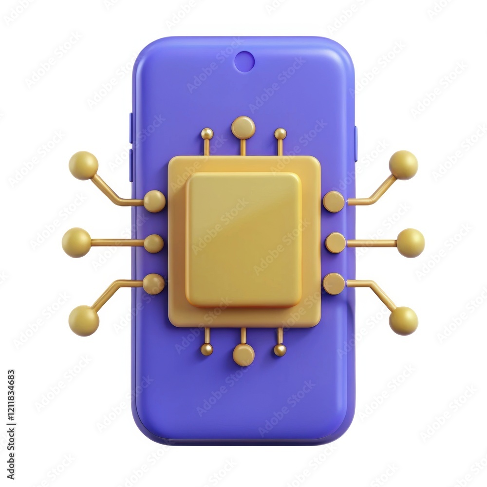Poster a stylized smartphone with a prominent processor design, emphasizing technology and innovation.