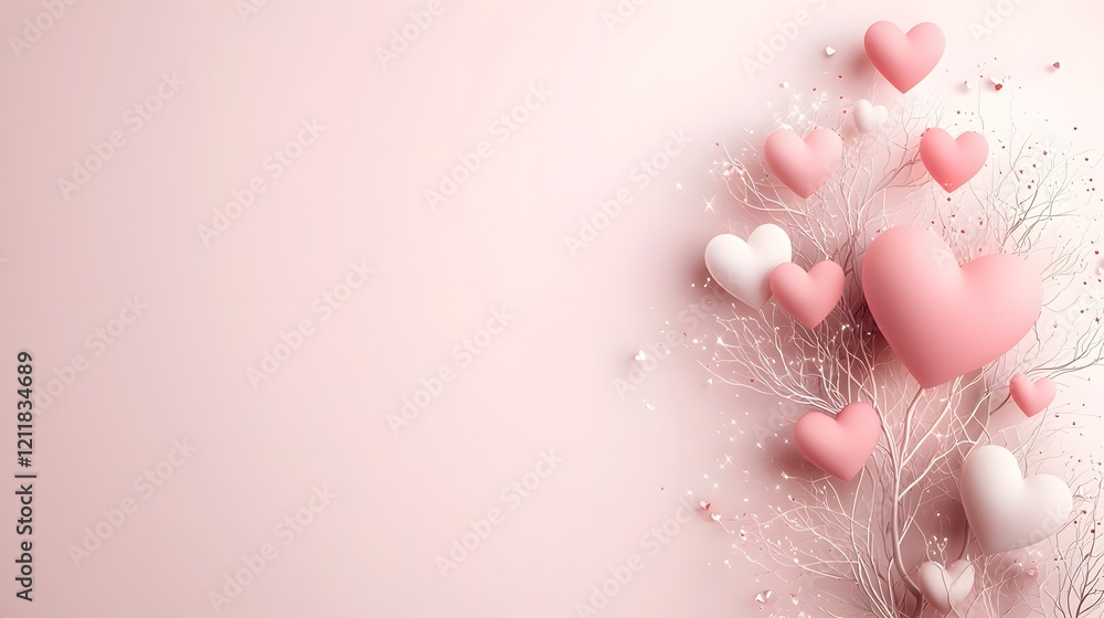 Poster Stunning heart shaped tree with glowing red and pink heart shaped leaves standing tall on a serene gradient background with ample copy space for text or design elements