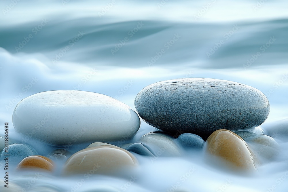Aufkleber Smooth stones resting on a tranquil beach with gentle ocean waves during a sunny day