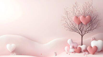 Breathtaking heart shaped tree with vibrant glowing red and pink heart shaped leaves standing tall against a serene gradient background creating a romantic dreamy and ethereal atmosphere