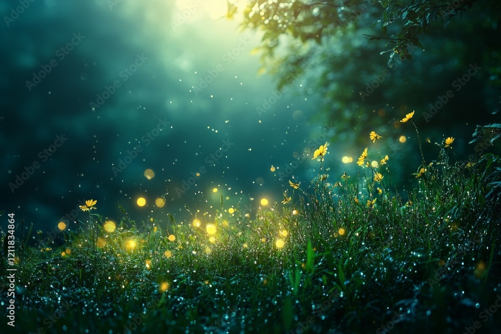 Aufkleber Sunlight filters through trees illuminating golden flowers and sparkling dew drops in a serene forest setting at dawn