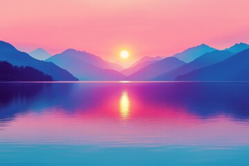 Fototapeta premium Sunset over tranquil lake reflecting vibrant colors in mountainous landscape