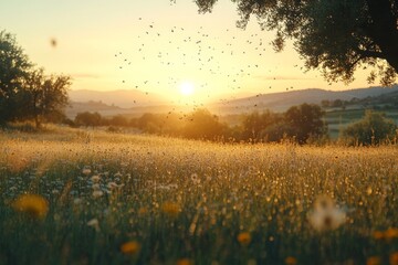 Obraz premium Golden sunset over a meadow filled with wildflowers and buzzing insects in a tranquil countryside setting