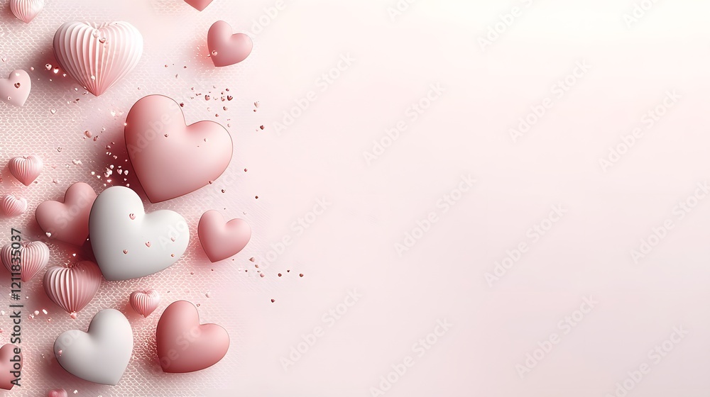 Poster Glowing and scattered hearts of various sizes set against a soft pastel gradient background with a delicate textured pattern creating a dynamic and romantic valentine s day or holiday design