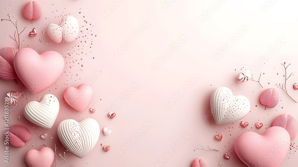 Poster Elegant and Festive Valentine s Day Background with Colorful Floating Heart Shapes Creating a Cheerful and Romantic Design on a Light Gradient Surface