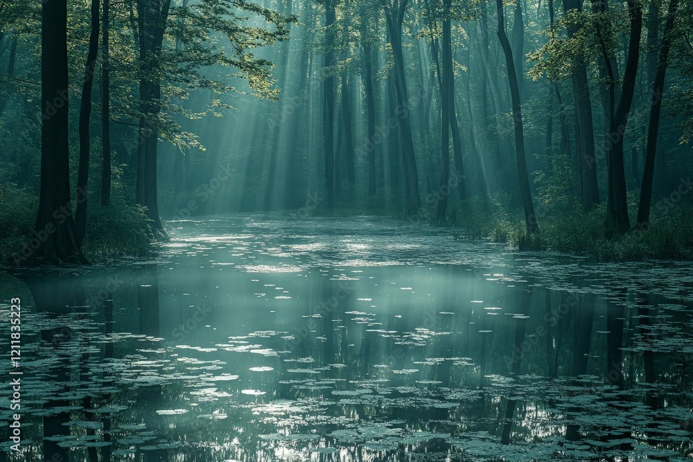 Poster Light filters through trees over a serene pond in a tranquil forest setting during early morning hours