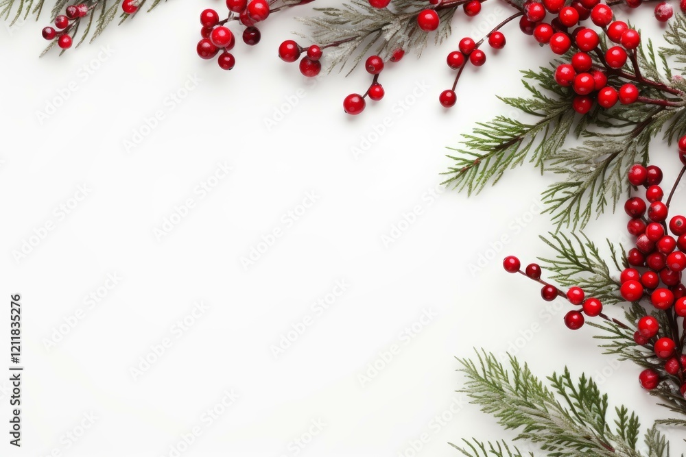 Poster christmas border composition with red berries and pine branches creating festive atmosphere on a whi