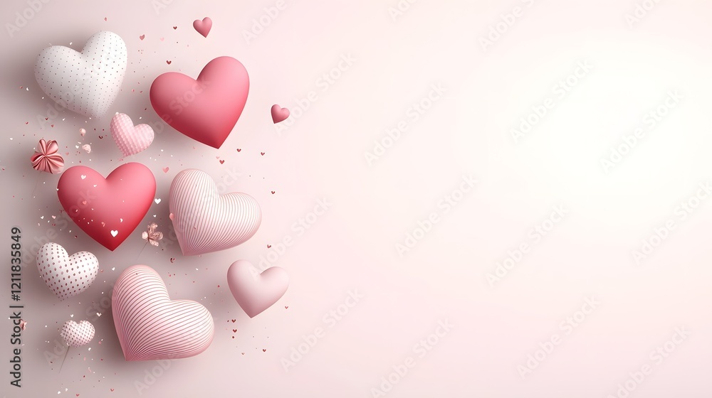 Poster dreamy romantic pink and red heart filled valentine background with soft gradient floating hearts in